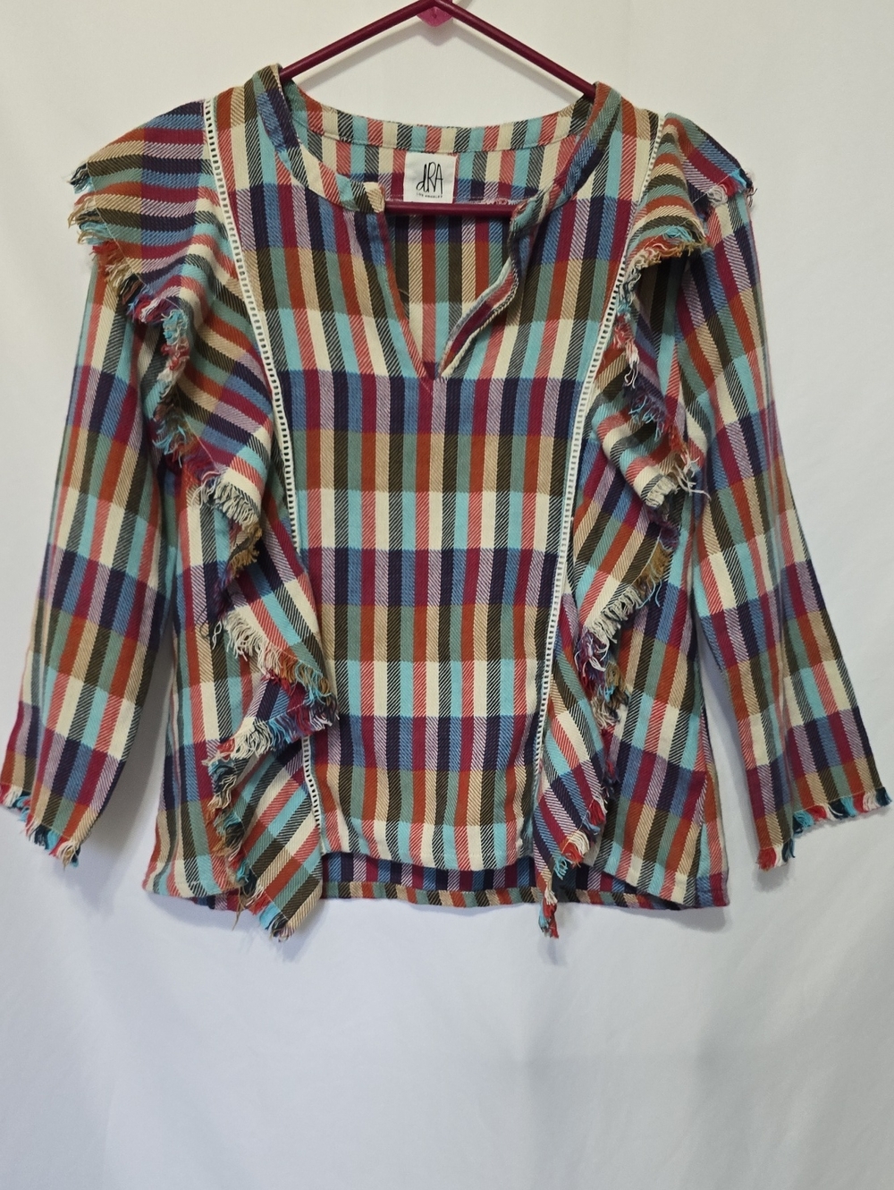 dRA Anthropologie Kelsey Ruffle Plaid Fringe Boho Blouse Top Size Small S